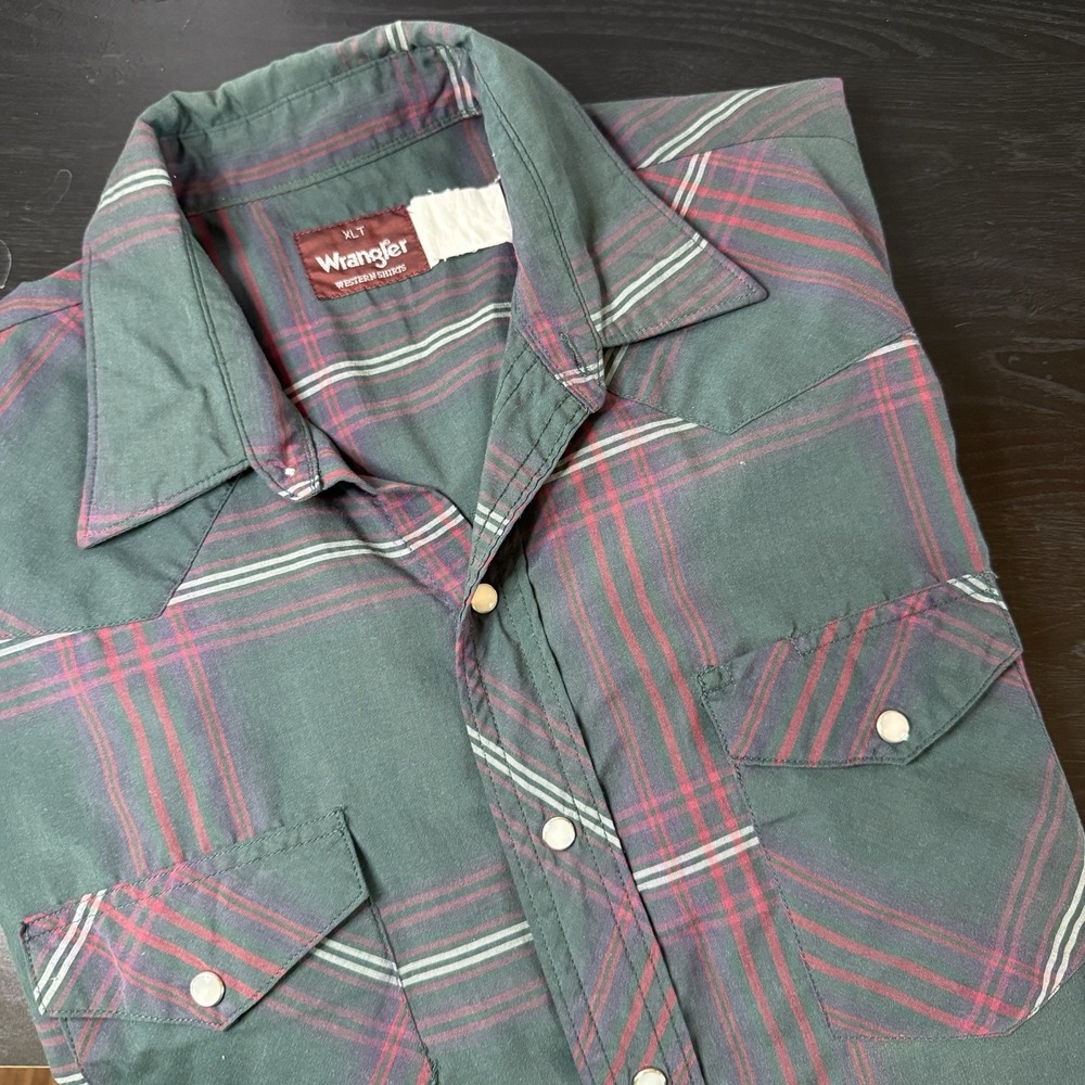 Vintage Wrangler Pearl‎ Snap Western Shirt Mens XLT Red Green Plaid Rodeo Cowboy